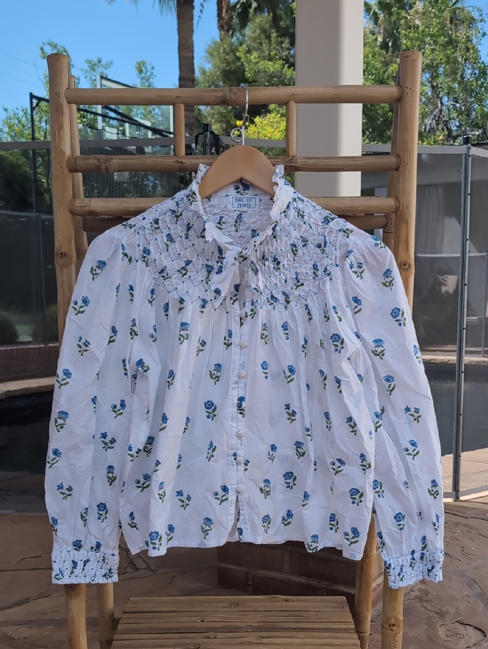 PINK CITY PRINTS Cobalt Mini Blossom Bea White Floral Smocked Cotton Blouse